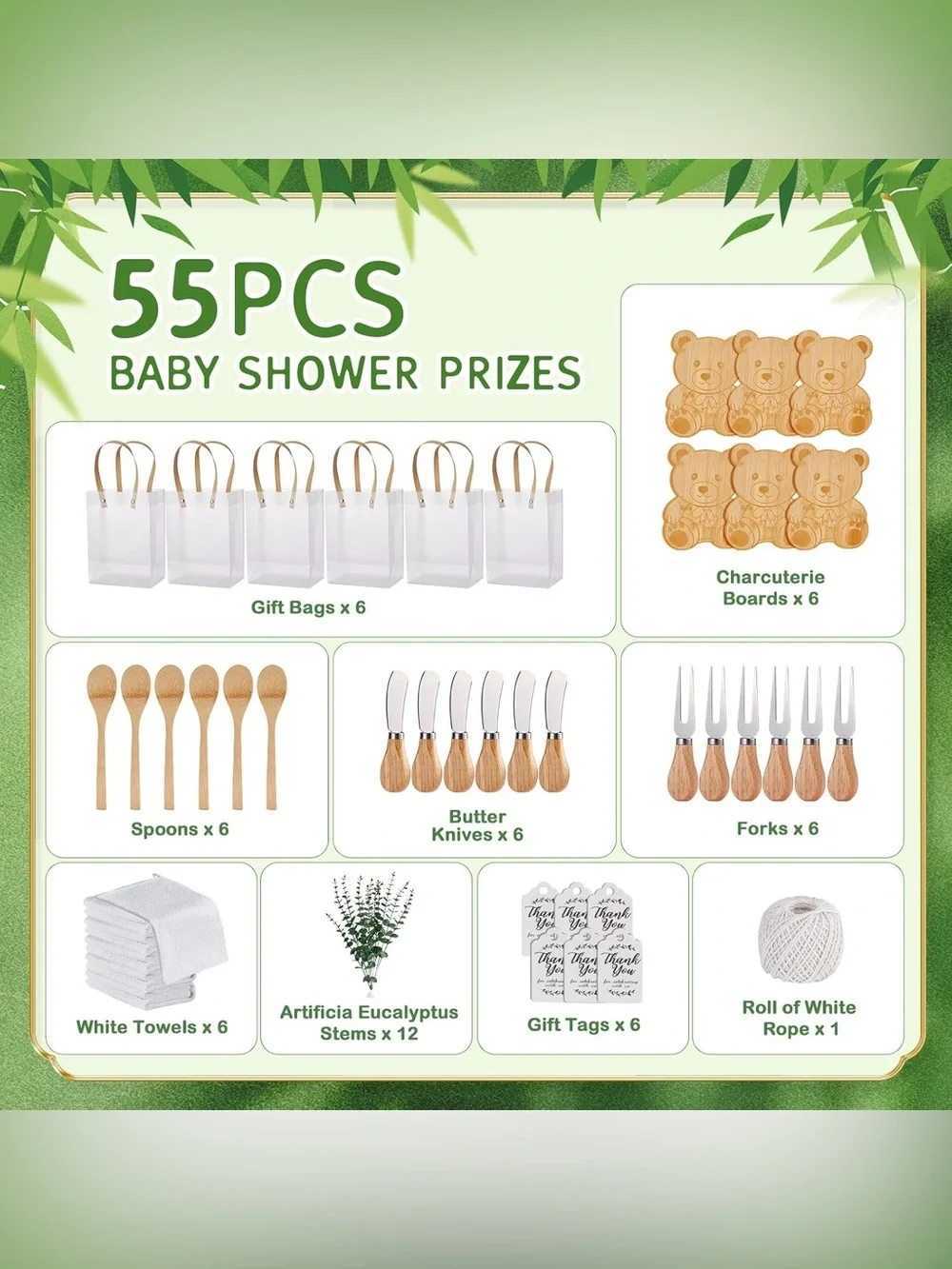 55pc Baby Shower Favor Set Bamboo Bear Boards & Towels NIB